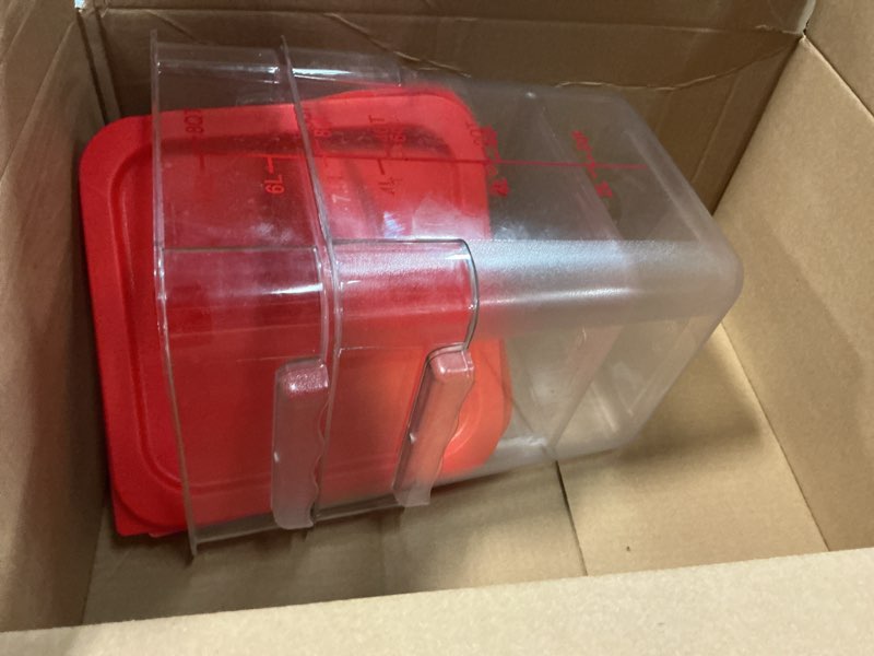 Condition photo showing As Is for Suclain 2 Pcs Square Food Storage Container Polycarbonate Clear Food Container with Lid Commercial Rice Storage with Graduations for Commercial Kitchen(8 Qt,Red) Red 8 Qt