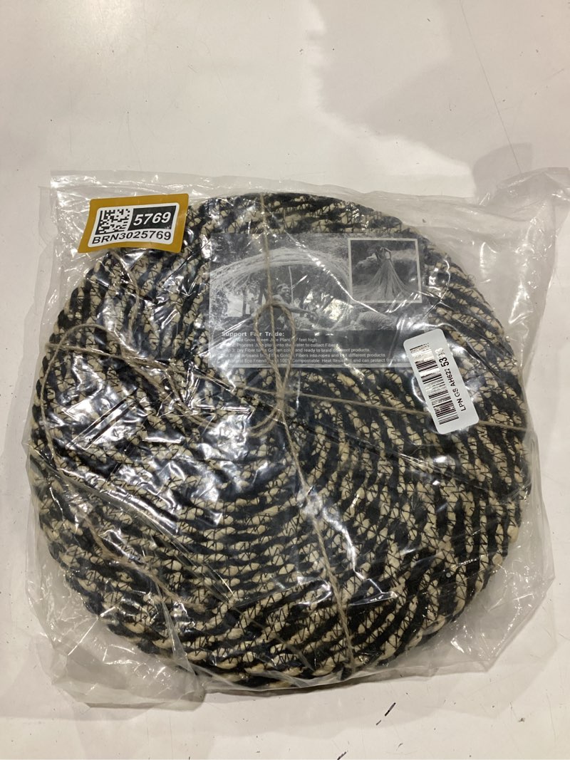 Condition photo showing Good Condition for natural jute placemats set of 4 – 14" round hand woven braided table mats, heat resistant with black spiral design, eco-friendly boho farmhouse dining