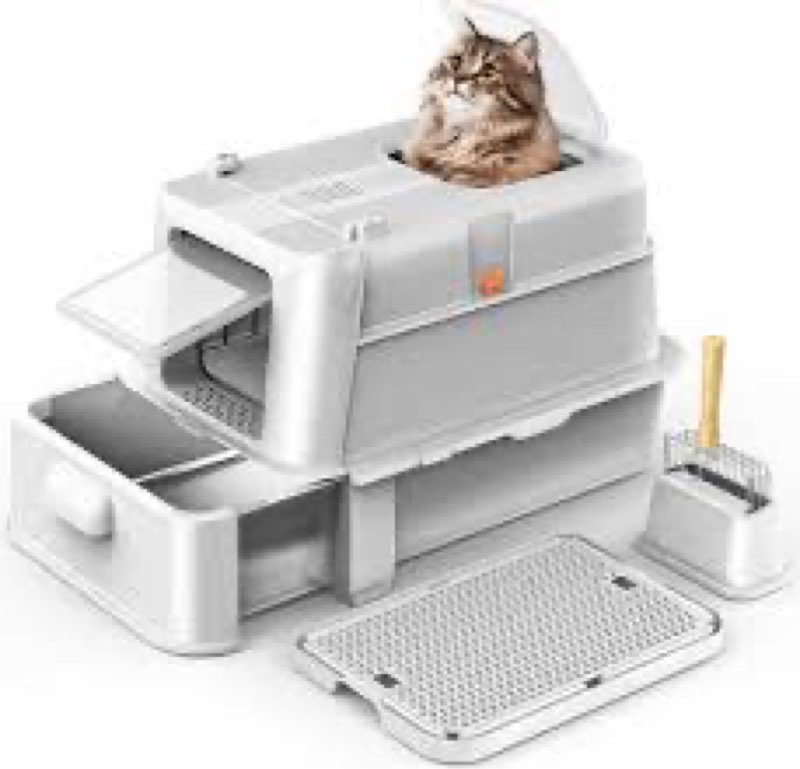 HEGGCOOE Enclosed Stainless Steel Cat Litter Box with Lid?XL Large Metal Cat Box with Drawer for Big