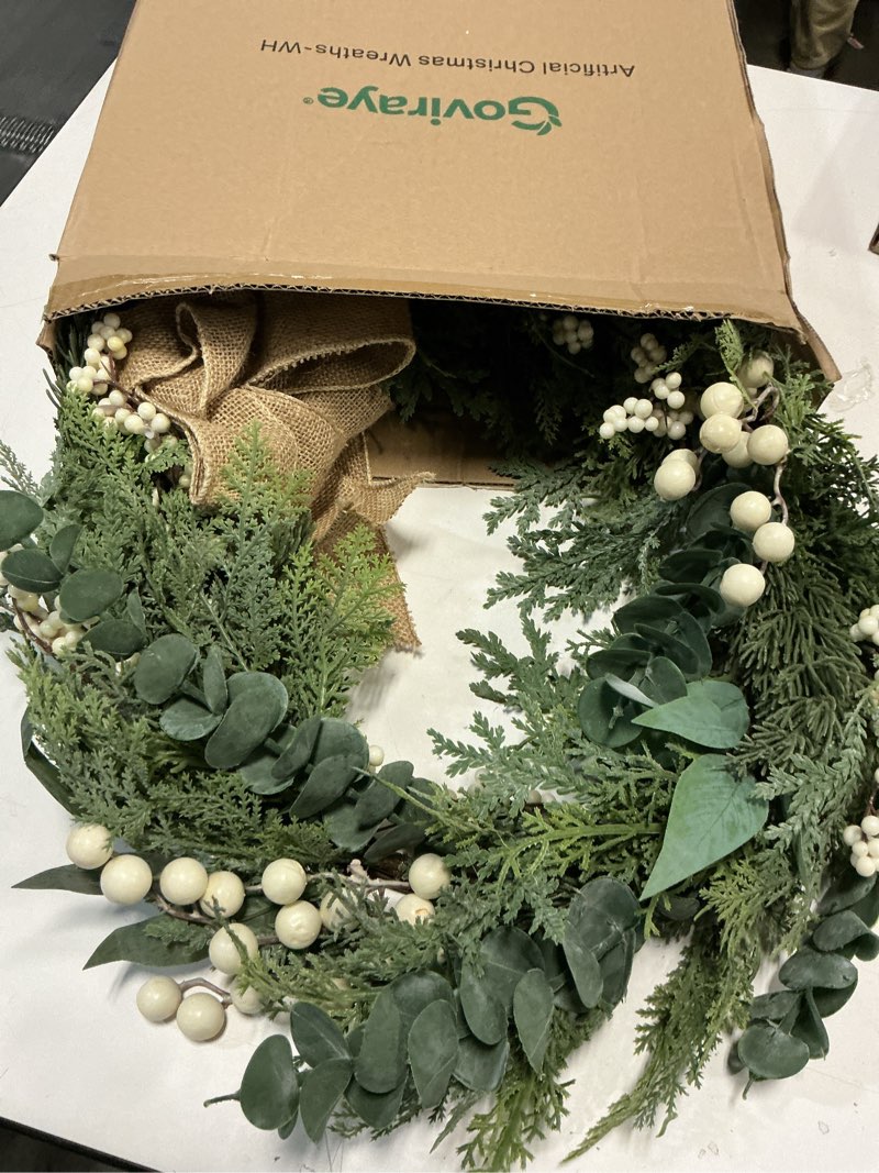 Condition photo showing Good Condition for 24-Inch Spring Greenery Wreath – Faux Pine & Eucalyptus Mixed Botanical Wreath with White Meadow Berries & Natural Burlap Bow – Modern Farmhouse Front Door Decor for Year-Round Use Rh-white