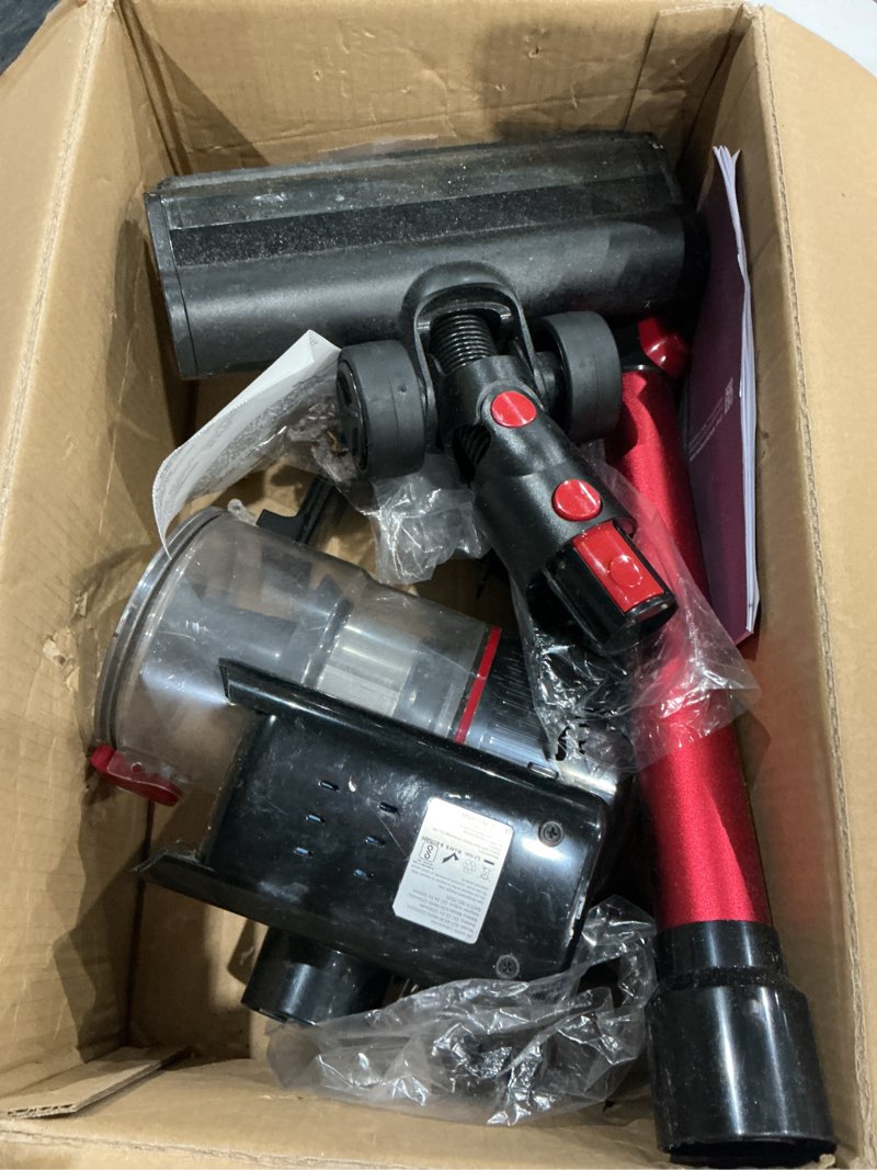 Condition photo showing As Is for cordless vacuum cleaner, 45kpa stick vacuum, 45mins runtime, 8-in-1 anti-tangle vacuum cleaners for home with led display, rechargeable lightweight vacuum for pet hair/carpet/floor red
