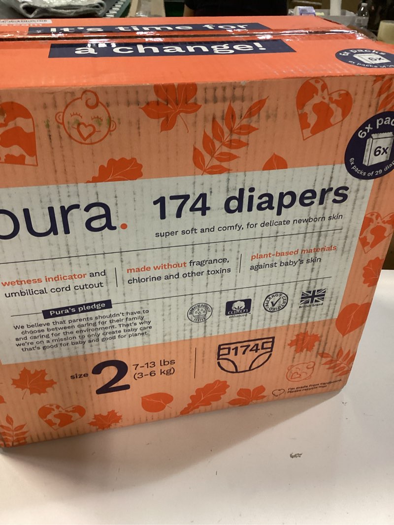 Condition photo showing New/Like New for pura hypoallergenic diapers size 2 (7-13 lbs) monthly pack, totally chlorine free, wetness indicator, suitable for sensitive skin, soft organic cotton comfort, overnight, 6 packs of 29 (174 diapers) size 2 174