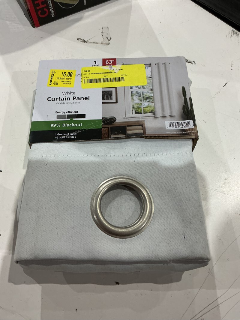 Condition photo showing As Is for mainstays blackout grommet single curtain panel, 40"w x 63"l, white