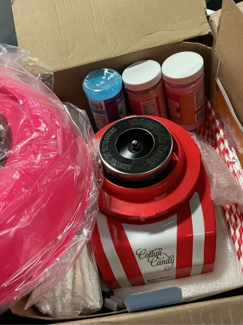Condition photo showing New/Like New for cotton candy machine - bright, colorful style- makes hard and sugar free candy, sugar floss, homemade sweets for birthday parties - includes 10 cones & scooper