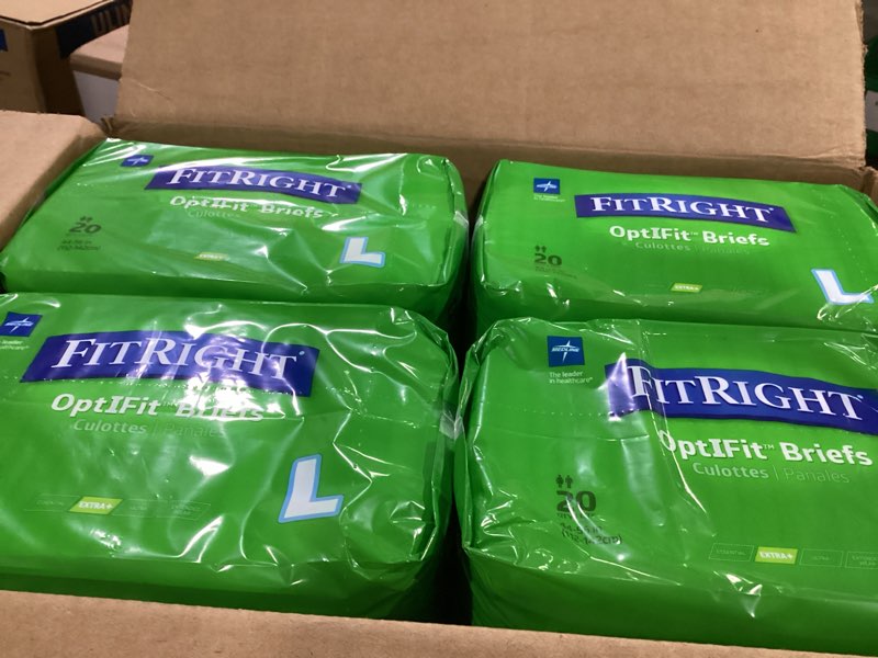 Condition photo showing Good Condition for fitright adult diapers, extra+ heavy absorbency, l (waist size 44in-56in), 80 count, optifit incontinence briefs for men and women, disposable, moisture-wicking, leak protection. 80 count large