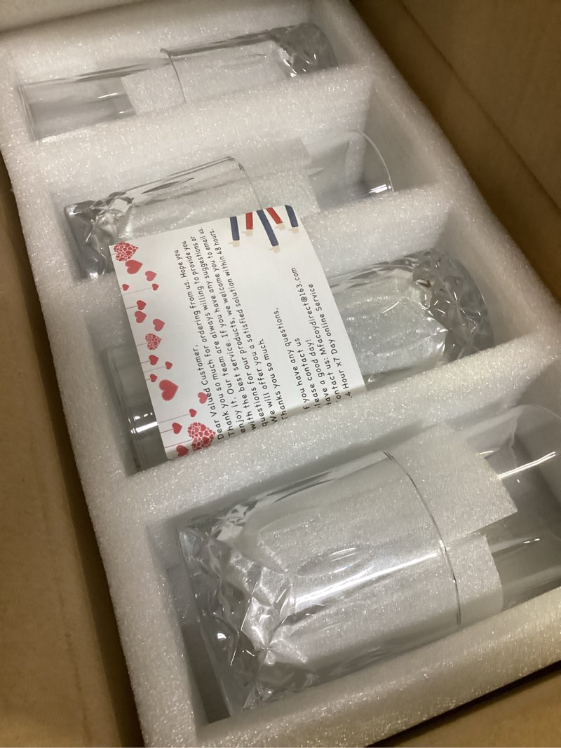 Condition photo showing New/Like New for drinking glasses, 8 piece crystal glass cups, mixed glassware set, 4 pcs crystal old fashioned 11oz highballs and 4 pcs 11oz whiskey glasses, great for cocktail, whisky and other beverages clear