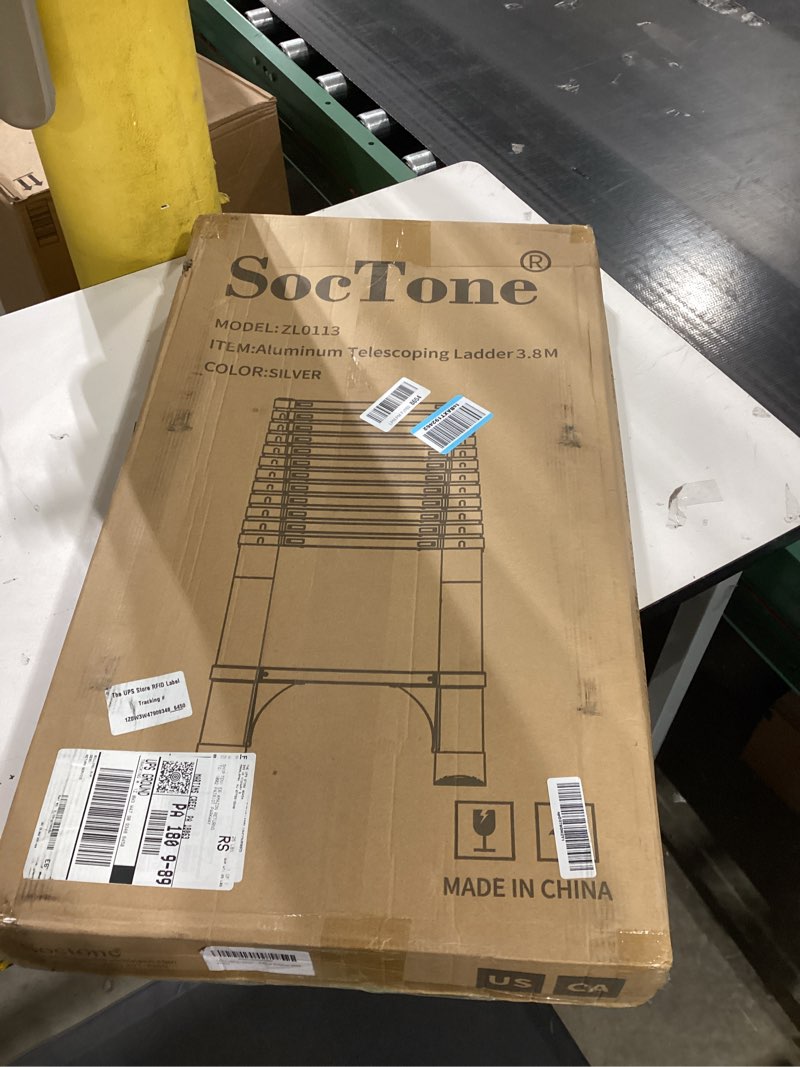 Telescoping Ladder, SocTone 12.5 FT Aluminum Lightweight Extension Ladder with 2 Triangle Stabilizers, Heavy Duty 330lbs Max Capacity, Multi-Purpose Collapsible Ladder for RV or Outdoor Work 12.5FT