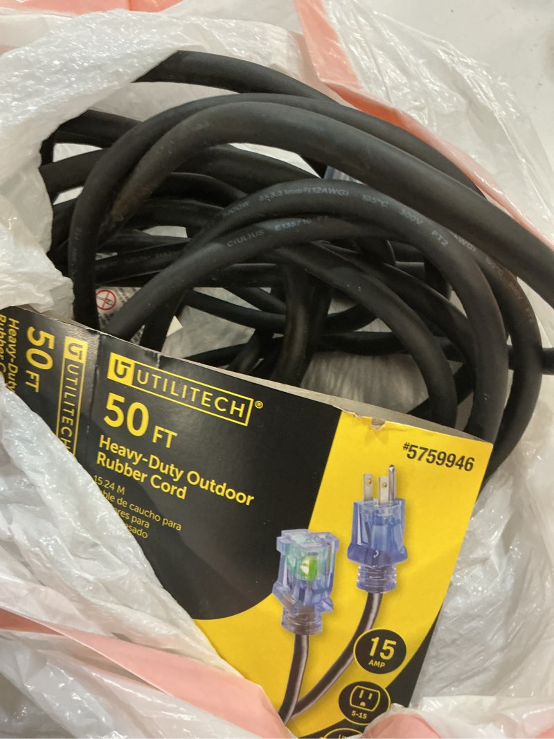 Condition photo showing As Is for utilitech outdoor 50-ft 12/3 black 3 prong outdoor sjoow heavy duty
