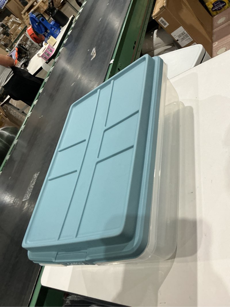 Condition photo showing Good Condition for hefty 40 quart hi-rise storage bin with lid, stackable plastic container tote for home, office, and classroom organization, 6 pack, smoke blue
