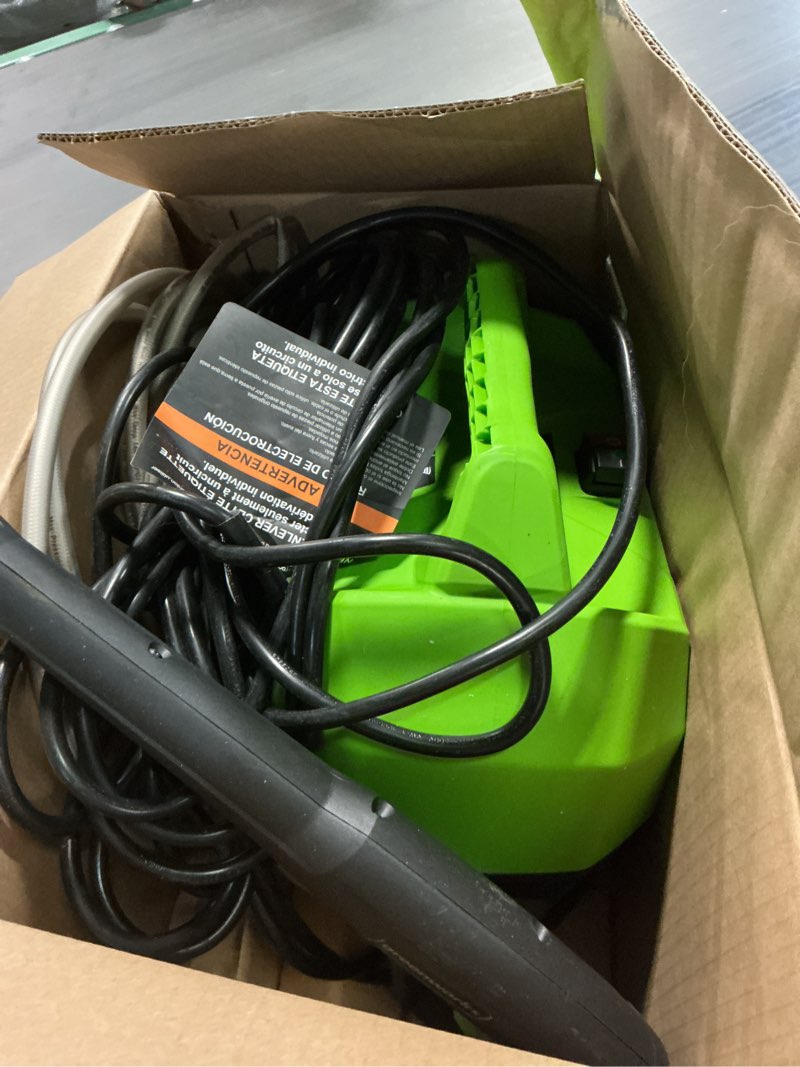 Condition photo showing As Is for greenworks 1800 psi 1.2-gpm cold water electric pressure washer with 2 spray tips