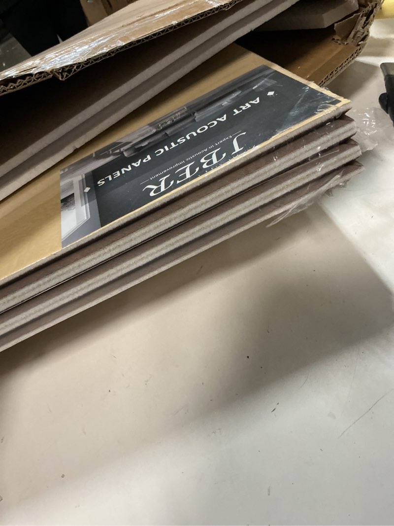 Condition photo showing Good Condition for JBER Acoustical Wall Panels - 6 PCS 23.6 X 23.6 Inches Wood-Pattern Printing Sound Absorbing Panels, Large Self-Adhesive Decorative Soundproof Wall Panels for Studio,Home & Living Room(Dark Walnut) 72*48in Dark Walnut