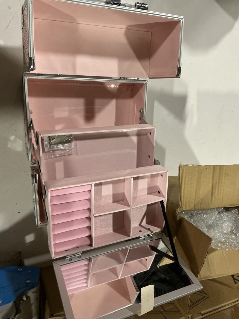 Condition photo showing Good Condition for frenessa makeup case organizer portable makeup train case cosmetic box with mirror jewerly tray for girls nail supplies make up cases organizers and storage kids craft case pink shinny pink