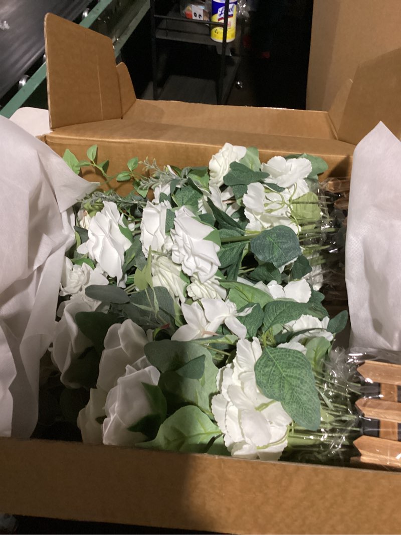 Condition photo showing As Is for Ling's moment 17.5" Tall Standing Artificial Flowers Arrangements 4 pcs Wedding Aisle Runner Chair Decorations White Sage Centerpieces for Ceremony Reception Rose Floral Party Outdoor Decor Wht-white & Sage