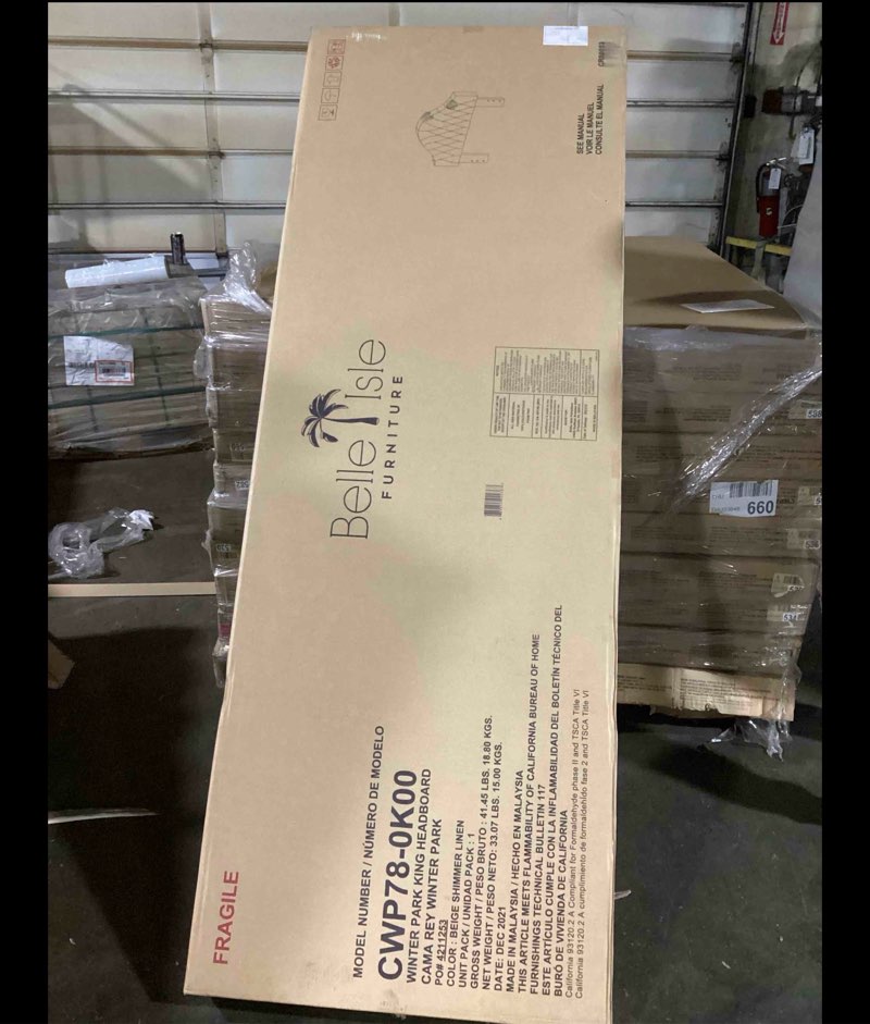 Condition photo showing New/Like New for Belle Isle Furniture Winter Park King Size Tufted Headboard, Beige Shimmer Linen