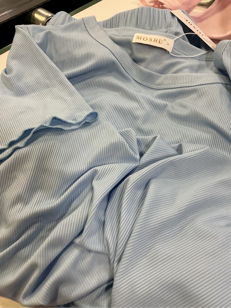 Condition photo showing Good Condition for moshu size l 2 piece girls lettuce trim short sleeve shirts summer ribbed knit crewneck casual t shirt tops tee blouse light blue 11-12 years