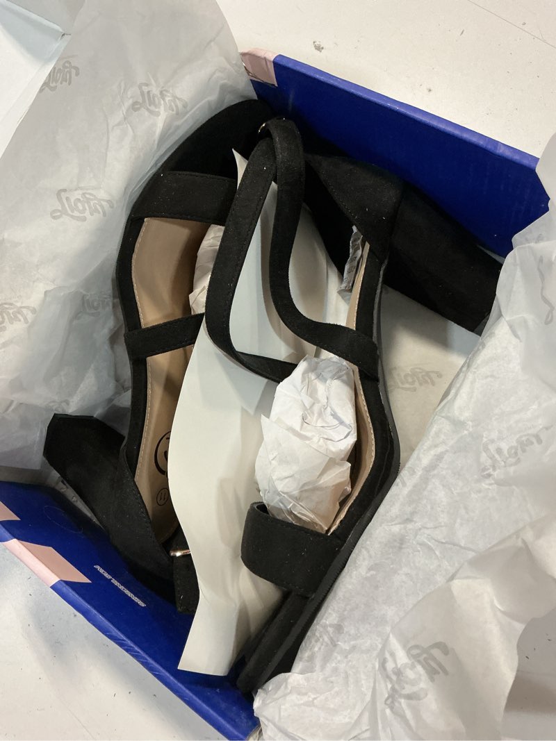 Condition photo showing Good Condition for trary women’s ankle strap dress pump open toe chunky block heel sandals comfy wedding shoes 11 black