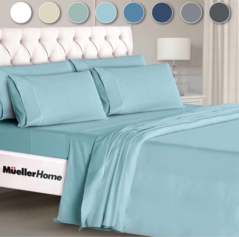 Mueller Ultratemp Bed Sheets Set, Super Soft 1800, 6 Piece California King Sheet Sets, Deep Pocket up to 16", Transfers Heat, Breathes Better, Hypoallergenic, Wrinkle-Resistant, Oeko-TEX, Aqua