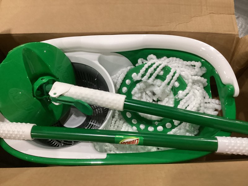 Condition photo showing Good Condition for libman tornado spin mop system with 2 refill heads, microfiber spinning mop and bucket with wringer set for home, floor cleaning of hard-wood, laminate, tile, all surface cleaner, 3 total mop heads spin mop plus 2 refills