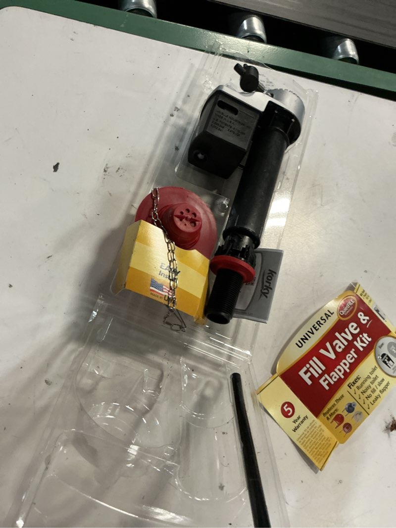 Condition photo showing As Is for korky universal toilet fill valve and 2-in flapper kit