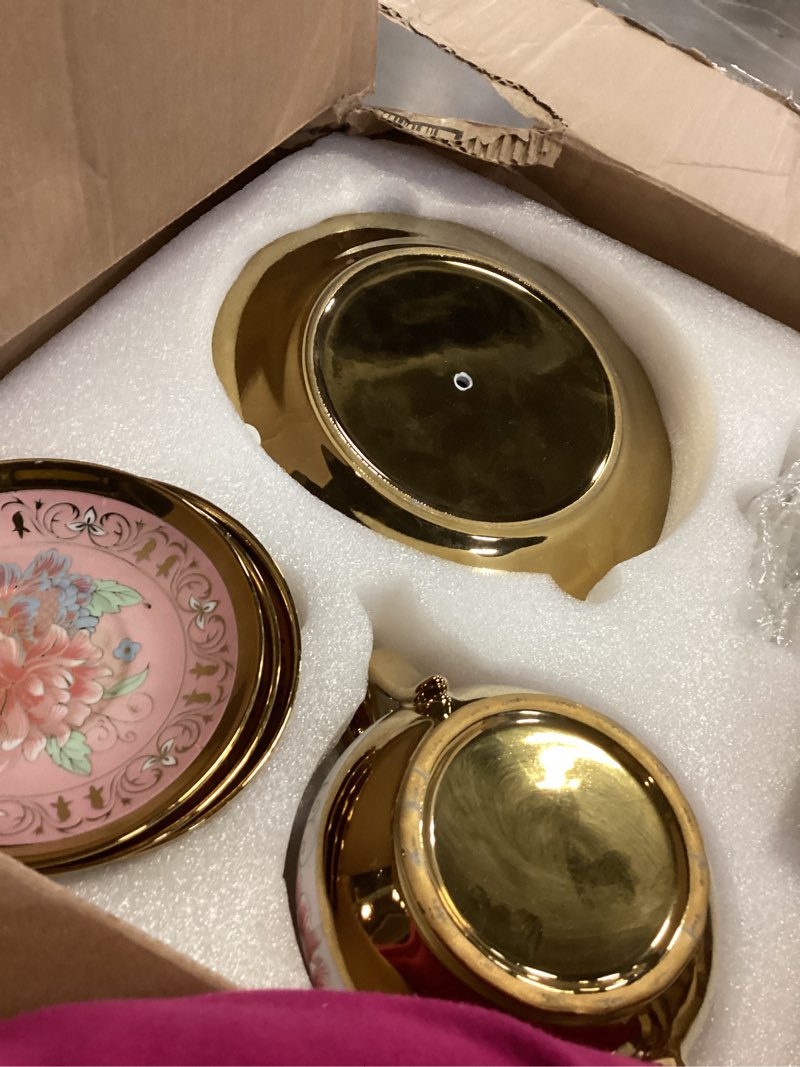 Condition photo showing Good Condition for 21pcs Porcelain Teapot Parties Set with Metal Holder and Cupcake Stand Ceramic Tea Pot Cups Saucers Cupcake Tier Tower for Women Girls European Parties Weddings Gifts(Pink,Spring) Pink Spring