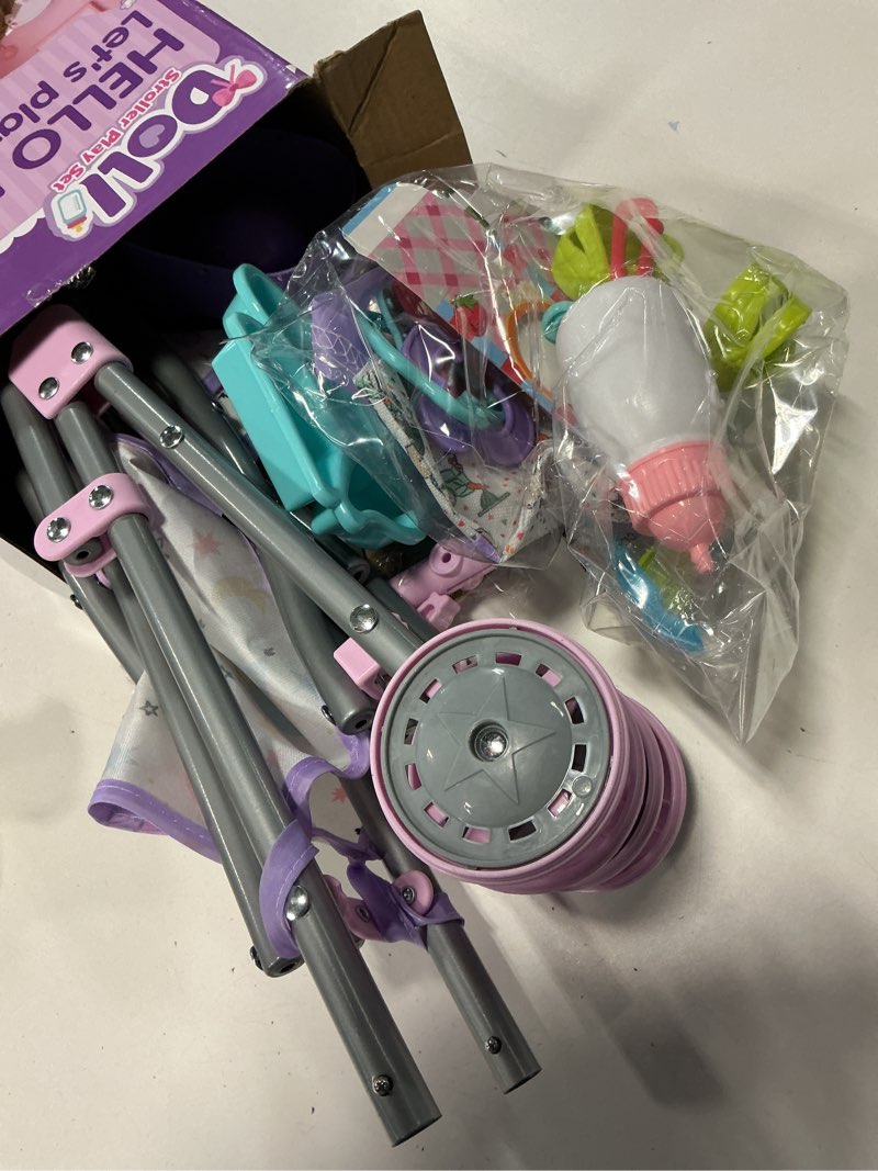 Condition photo showing New/Like New for baby doll with stroller set for realistic pretend play for 3 4 5 6 7 year old toddler girls gifts. baby stroller toys includes 12.5-inch baby dolls, 2 sets doll clothes and 17 pcs doll accessories