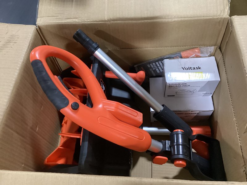 Condition photo showing As Is for voltask cordless snow shovel, 24v | 13-inch | 4-ah cordless snow blower, battery snow blower with directional plate & adjustable front handle (4-ah battery & quick charger included)