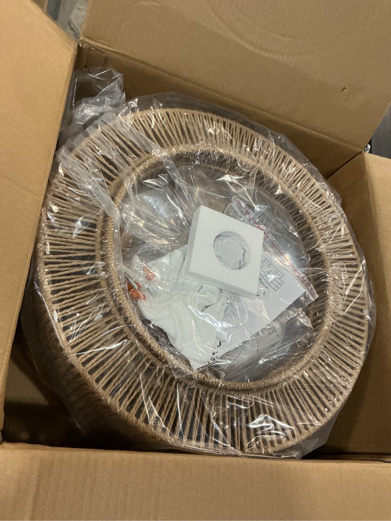 Condition photo showing New/Like New for boho caged fandelier with lights flush mount rattan ceiling fan with lights and remote control, enclosed 6 speeds low profile fan light for bedroom, living room, kitchen 0254/boho ceiling fans