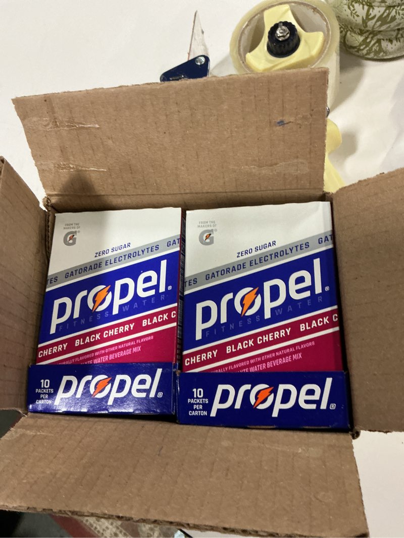 Condition photo showing New/Like New for  Best by 02/2026 ( 20 pack of 10 count)Propel Powder Packets, Black Cherry With Electrolytes, Vitamins and No Sugar (Packaging May Vary), 10 Count (Pack of 10) Black Cherry 10 Count 