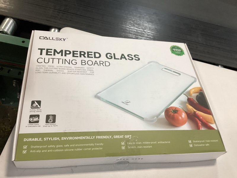 Condition photo showing New/Like New for Glass Cutting Board,16"x12" Non Toxic Tempered Glass Chopping Board for Kitchen with Non-Slip Feet, House Warming Gift for New Home, Gifts for Women, Christmas Gift for Mom - Black Black-Nano-Etched Surface
