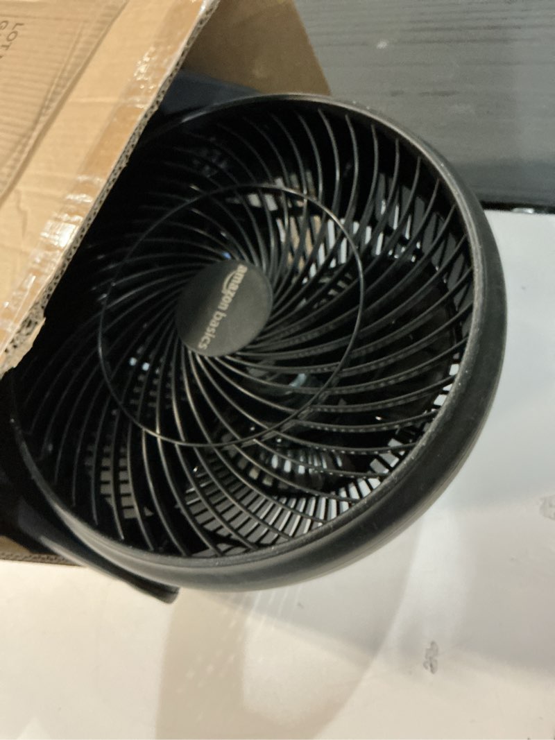 Condition photo showing Good Condition for Amazon Basics Air Circulator Fan, Desk Fan for Bedroom, Home and Office, With 90-Degree Tilt Head, 3 Speed Settings, Lightweight (4.2 LBS), 70 Watts, Black, 14.8\"Wx7.6\"Dx14.1\"H 14.8\"W x 7.6\"D x 14.1\"H