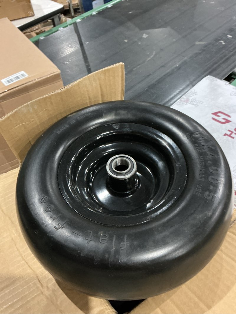 Condition photo showing Good Condition for 11x4.00-5” flat free lawn mower tire and wheel with bearing bore 3/4" or 5/8", 3.4"-4"-4.5"-5" centered hub, smooth tread tire for zero turn mowers, 2 pack