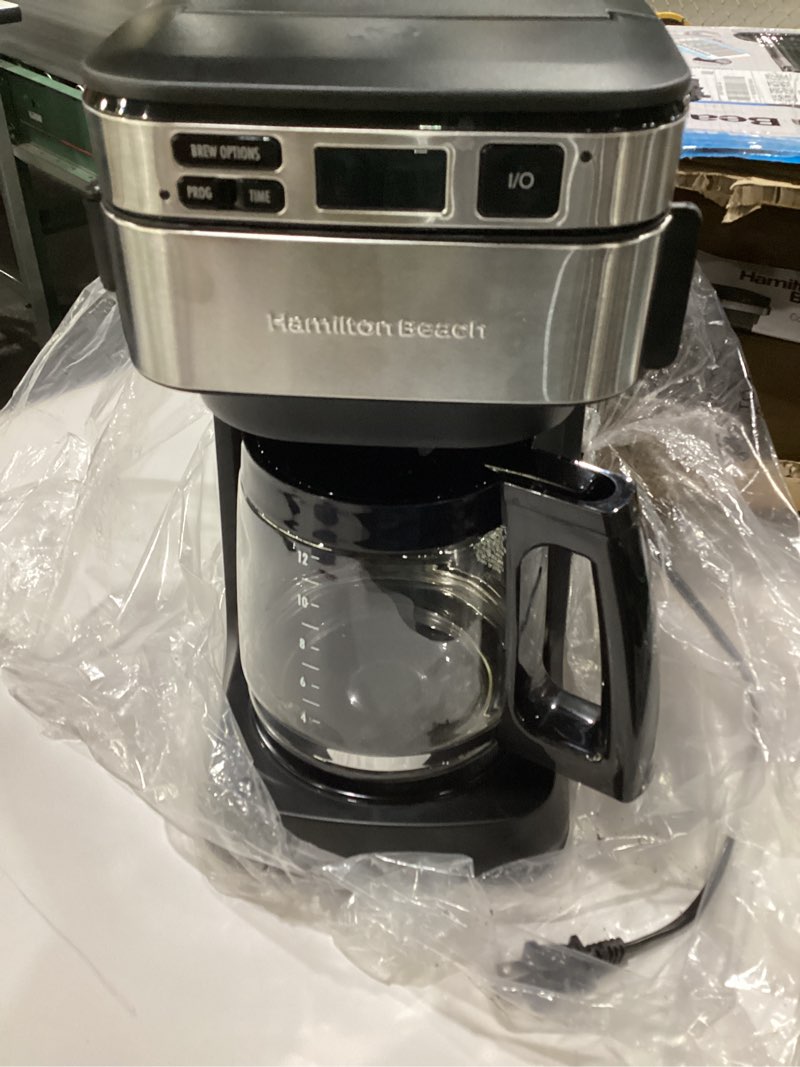 Condition photo showing As Is for Hamilton Beach Programmable Drip Coffee Maker, 12 Cups, Front Access Easy Fill, Pause & Serve, 3 Brewing Options, Black (46310), NOT TESTED