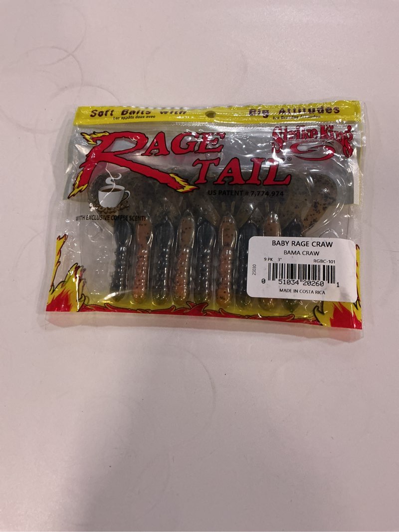 Condition photo showing New/Like New for strike king rage baby craw 3-inch fishing lure, soft plastic grub, unique design, realistic pincers, slender body, 3-inches, 9-pack