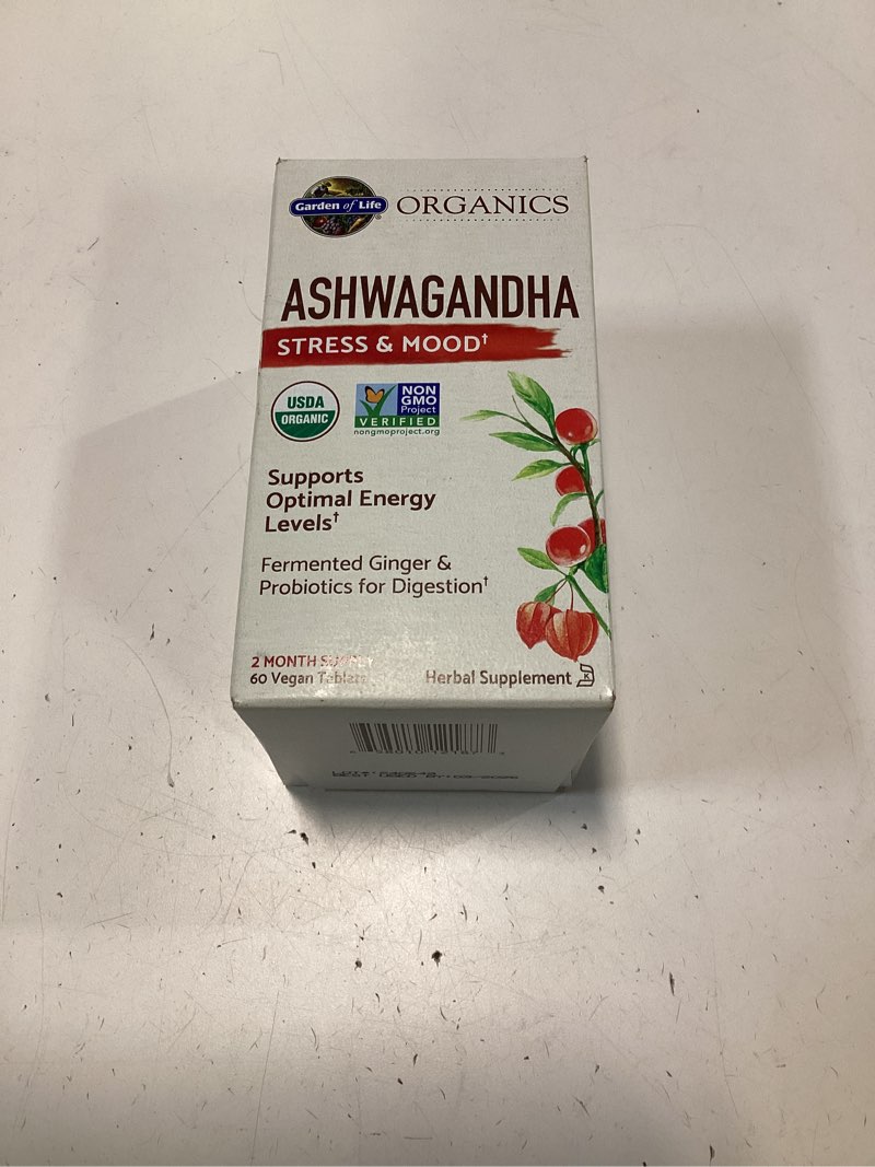 Condition photo showing New/Like New for Garden of Life Organic Ashwagandha Supplement with Probiotics & Ginger - Stress, Mood & Energy Support, Vegan, Gluten Free, Non GMO, 2 Month Supply, 60 Tablets