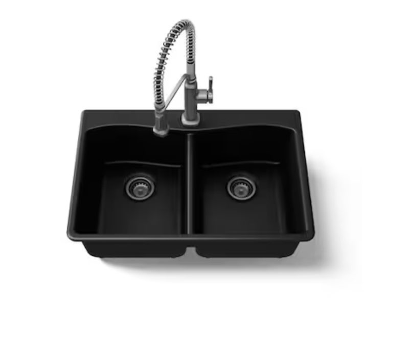 incomplete, missing faucet, kohler ealing all-in-one drop-in or undermount 33-in x 22-in composite double equal bowl workstation kitchen sink all-in-one kit