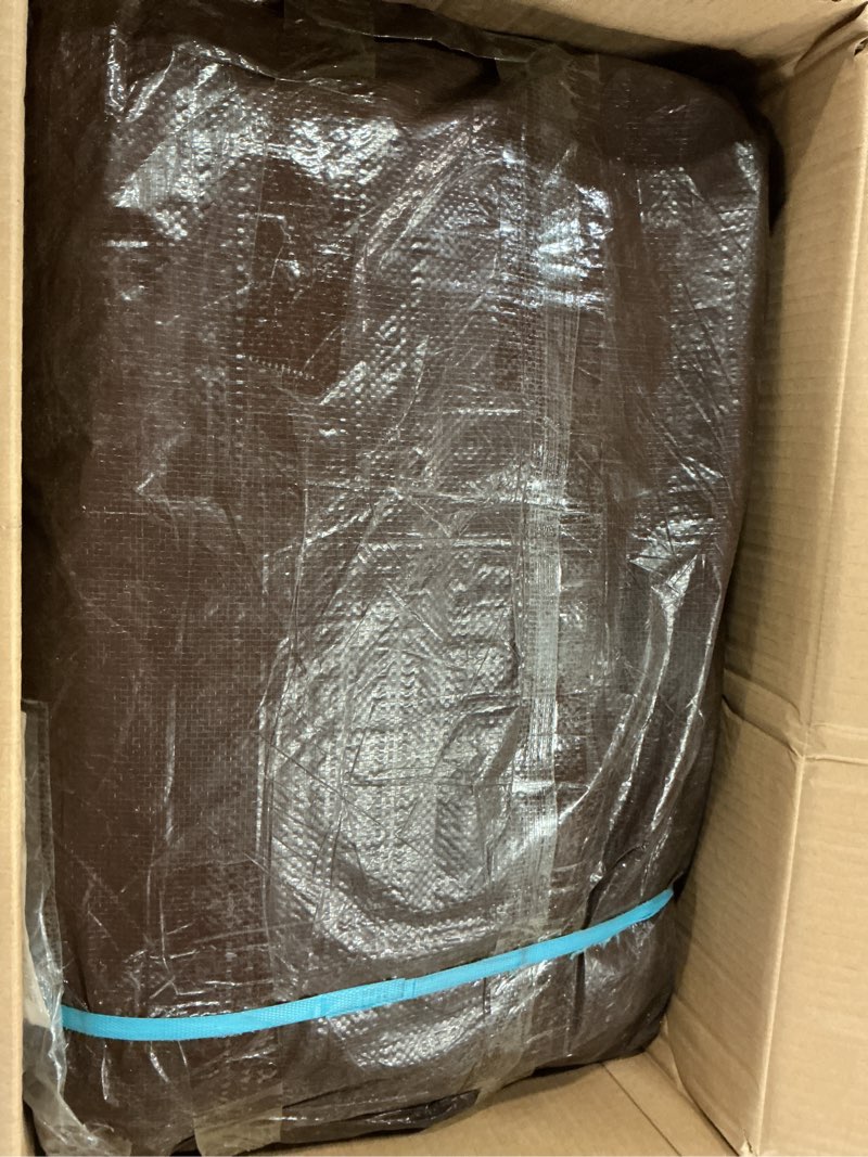 Condition photo showing As Is for heavy duty waterproof tarp, 40x60 ft, brown, 10 mil thick, reinforced corners and edges, metal grommets