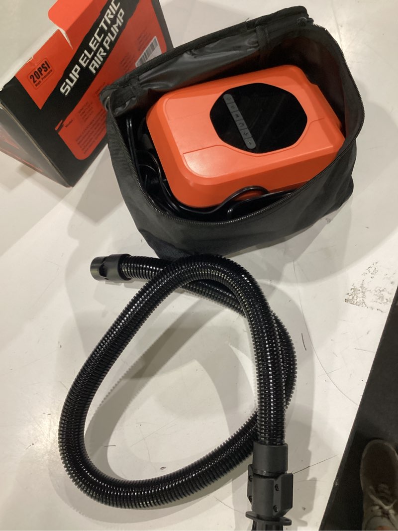 Condition photo showing New/Like New for 12v car-powered paddle board pump, electric sup pump with auto-off, dual-stage fast inflation to 20 psi, inflate/deflate air pump with 7 nozzles for paddle boards, kayaks & inflatables