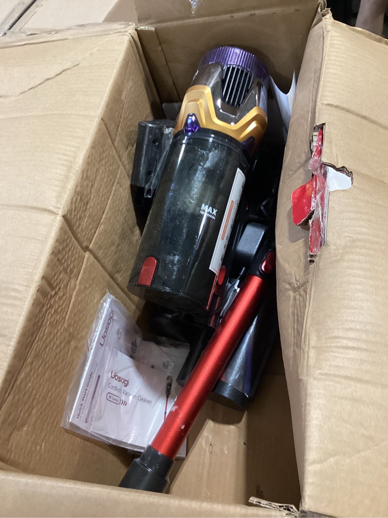 Condition photo showing As Is for cordless vacuum cleaner, upgraded 55kpa 650w 70mins stick vacuum with hurricane mode, self-standing, touch screen, 1.8l dust cup, anti-tangle wireless vacumm, vacuum cleaners for home/pet hair/carpets red