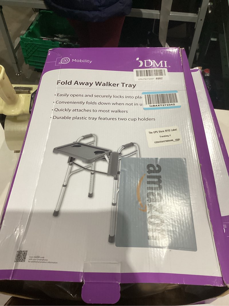 Condition photo showing As Is for DMI Walker Tray, Rollator Tray, Mobility and Walker Accessory Tray Table Fits Most Standard Walkers, Folding with Two Cup Holders and Tool Free Assembly, 16 x 11.8 inch Gray 1 Count (Pack of 1)