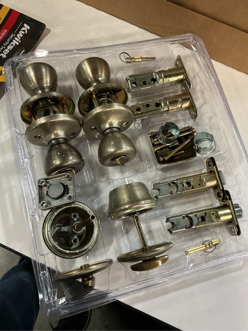 Condition photo showing Good Condition for tylo antique brass exterior entry door knob and single cylinder deadbolt project pack