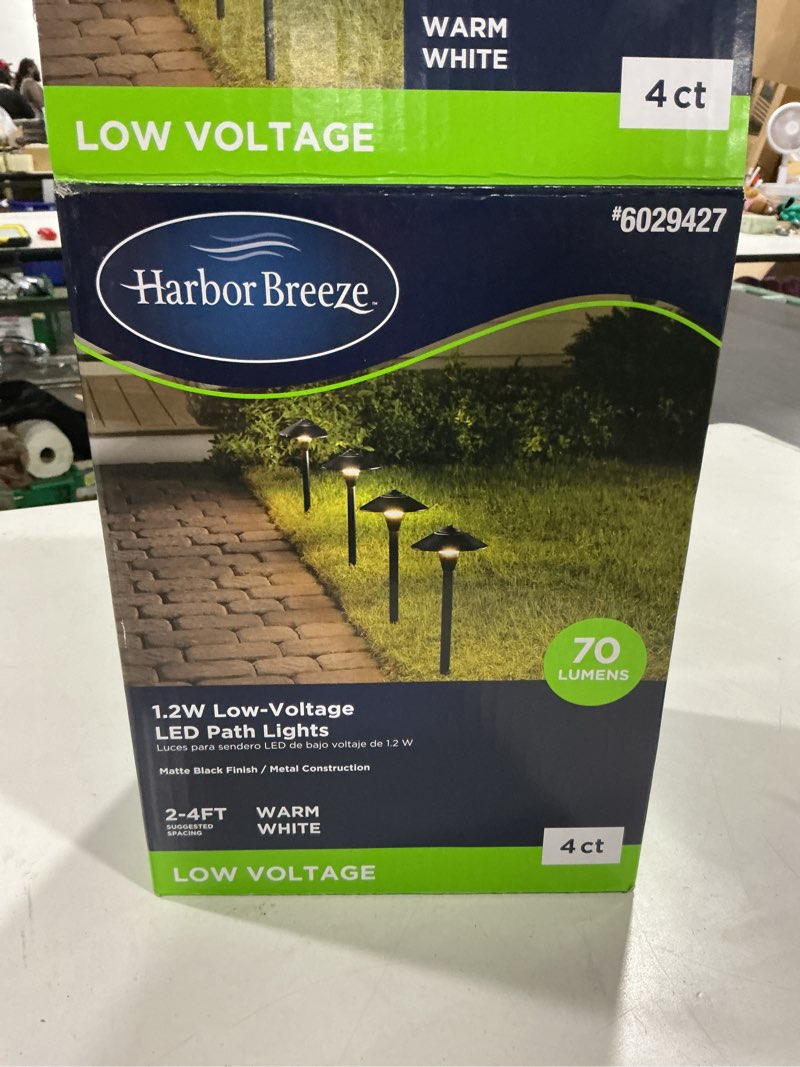 Condition photo showing As Is for harbor breeze 4 -pack harbor breeze 70 -lumens matte black low voltage plug-in led outdoor path