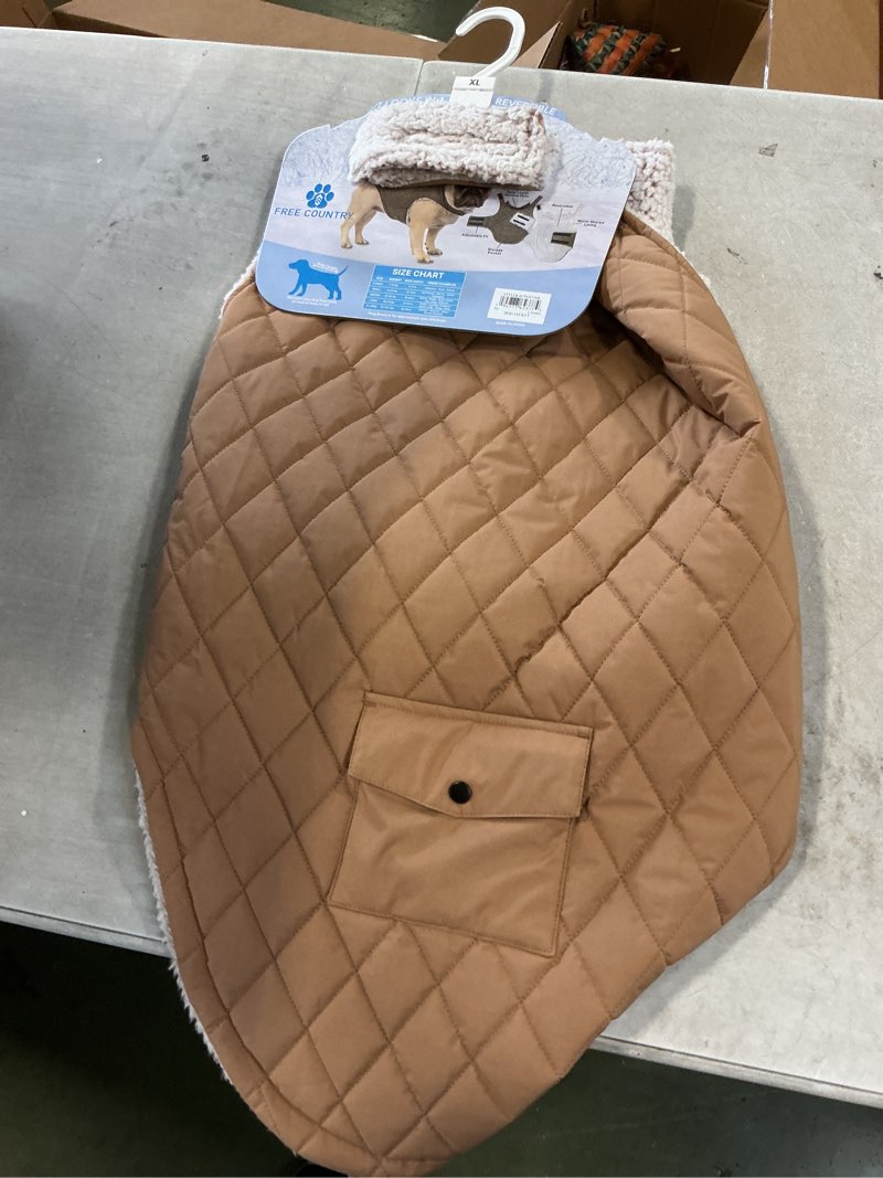 Condition photo showing item condition for free country quilted coat dog jacket 2 looks in 1 reversible xl (color may vary ours is light brown/khaki)