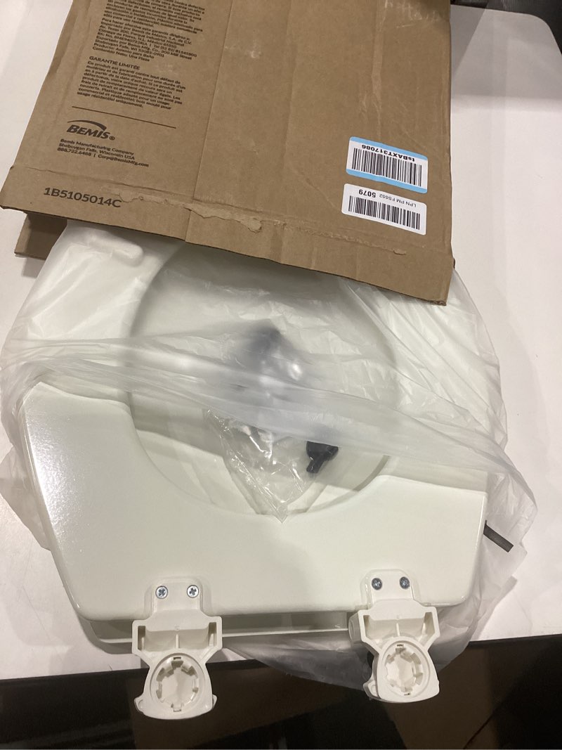 Condition photo showing New/Like New for Bemis 500EC Durable Wood Toilet Seat with Easy Clean Hinges, Made in USA, Round, Biscuit