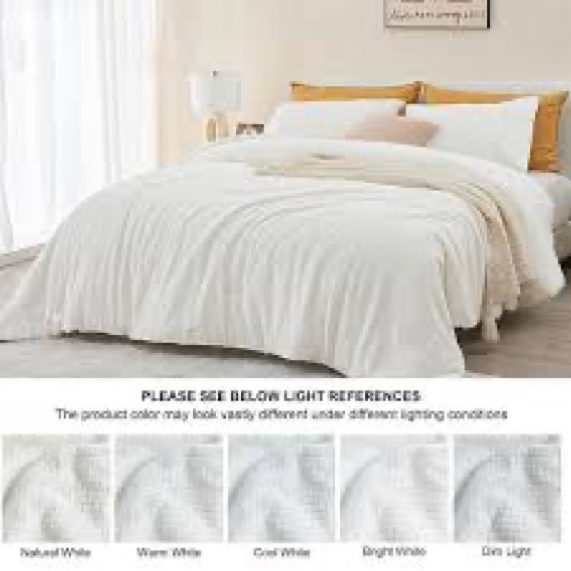 ChiXpace Fluffy Comforter King Set - Furry White Leaves Pattern Faux Fur Bed Set, Winter Ultra Soft 