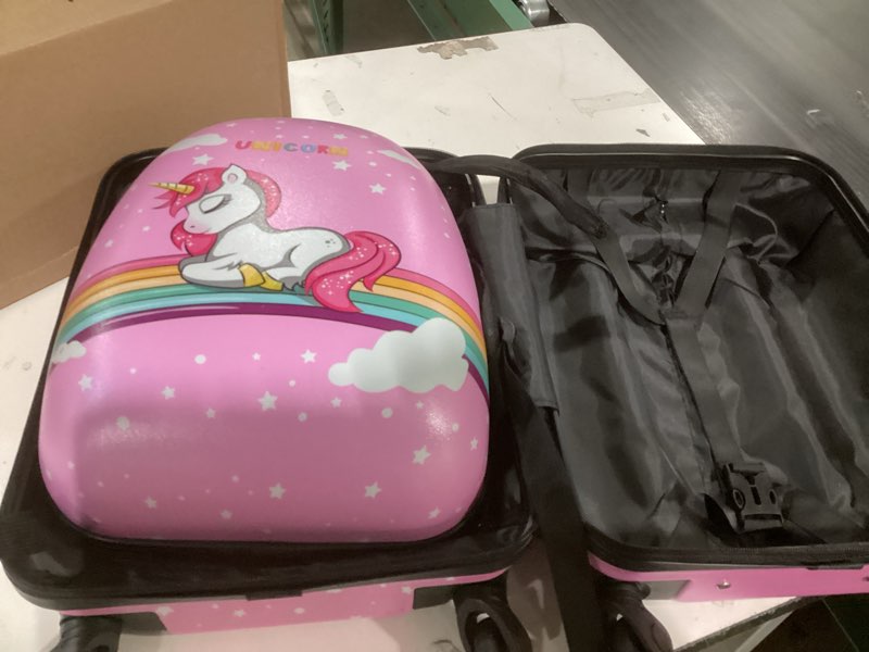 Condition photo showing As Is for emissary Kids Suitcase for girls, 16" Hardside Unicorn Kids Luggage Set with Spinner Wheels and Backpack, Children Carry on Girls Suitcase Toddler Travel Rolling Luggage Gifts Airline Approved Unicorn 2