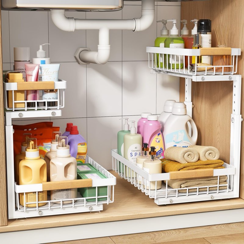 2 Pack 21.3IN-Depth Under Sink Organizer with Next-Gen Ball-Bearing Slides,2-Tier Pull Out Cabinet Storage,Height Adjustable Drawer Shelf for Bathroom,Kitchen,Laundry,Cabinet,Pantry-White 2 Pack-21.3\\\"Dx12.8\\\"-16.9\\\"H White