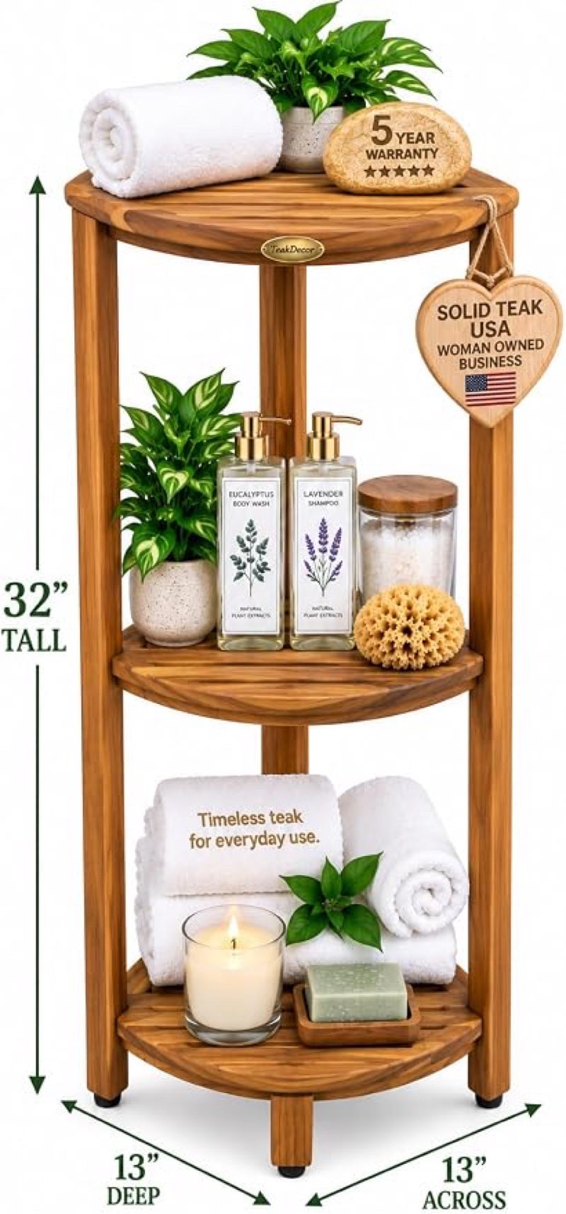 EcoDecors Snazzy Gold 3-Tier FSC Teak Corner Shower Shelf, 32"