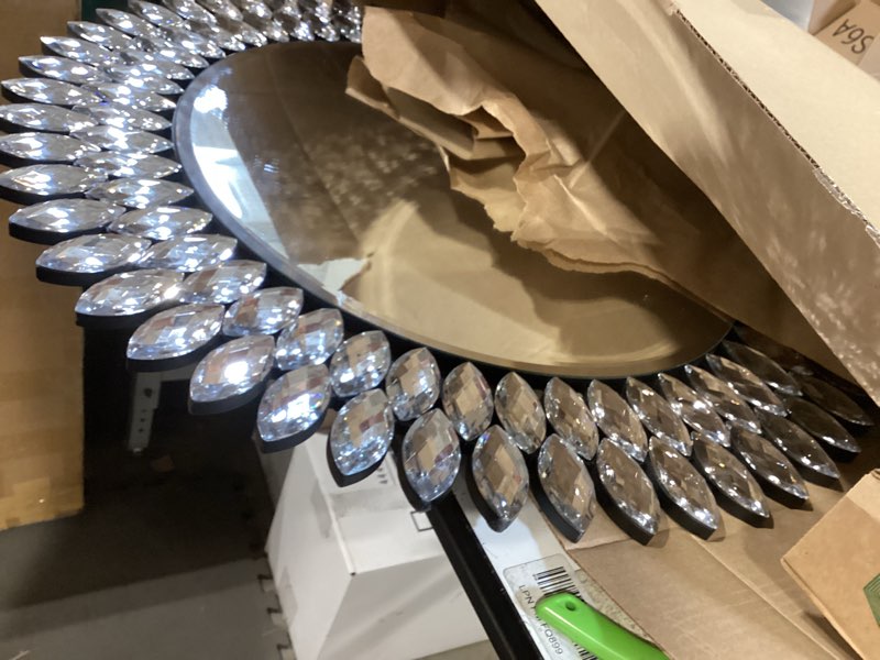 Condition photo showing Good Condition for kelly miller round jeweled mirror for wall decor, 32 in modern decorative wall mirror with luxury diamonds beveled vanity mirror for bedroom, living room, bathroom, hallway, entryway, fireplace