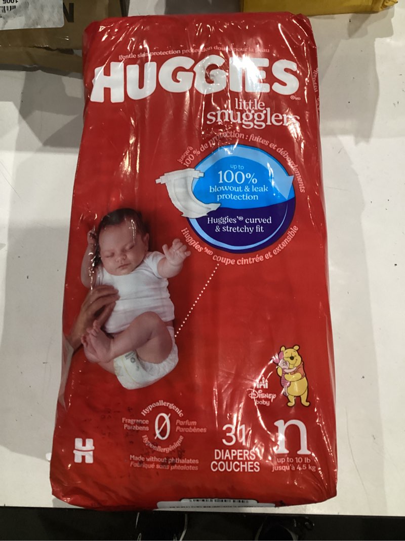Condition photo showing New/Like New for huggies size newborn diapers, little snugglers baby diapers, size newborn (up to 10 lbs), 31 count, packaging may vary newborn 31