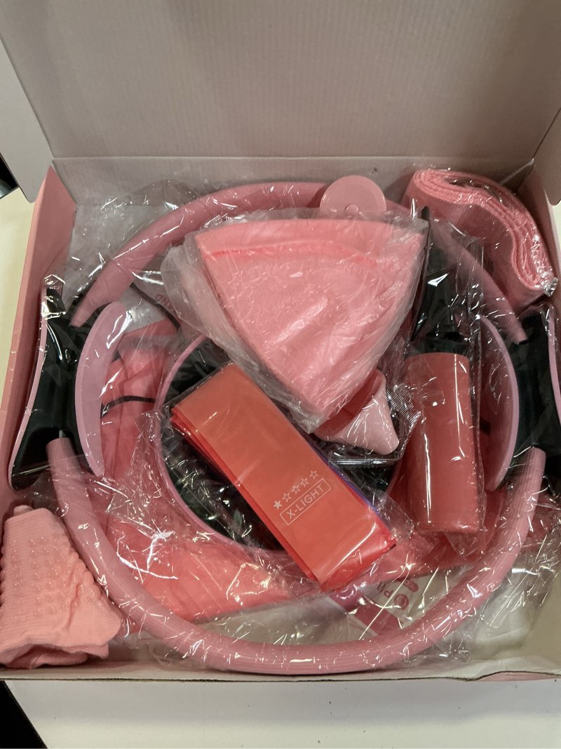 Condition photo showing Good Condition for hoedia 17 pcs pilates kit for women, pilates equipment ring and ball set with resistance bands, yoga strap, core sliders, socks, bag & guide for starter home workout fitness gym essentials pink